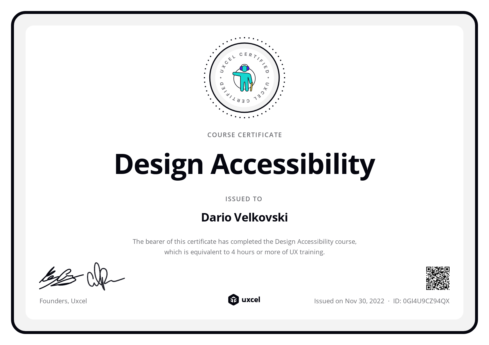 Dario Velkovski's certificate